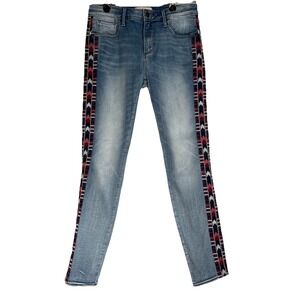 Driftwood Jackie Skinny Jeans Womens 28 Blue Aztec Embroidered Side Stripe‎ Boho